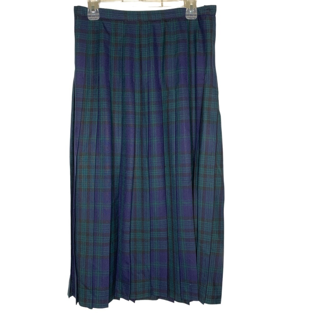 Nordstrom‎ Vintage Point of View Pleated Black Watch Tartan Wool Midi Skirt